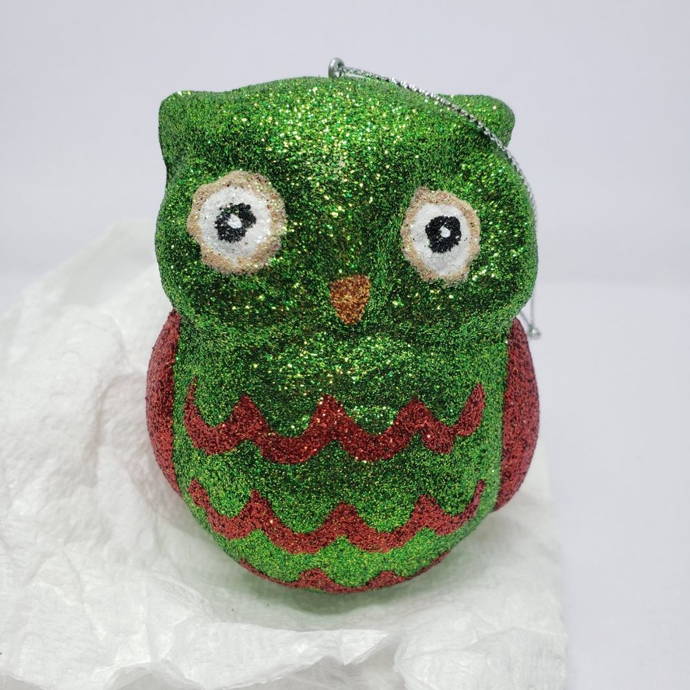 Green and Red Sparkle Owl Ornament